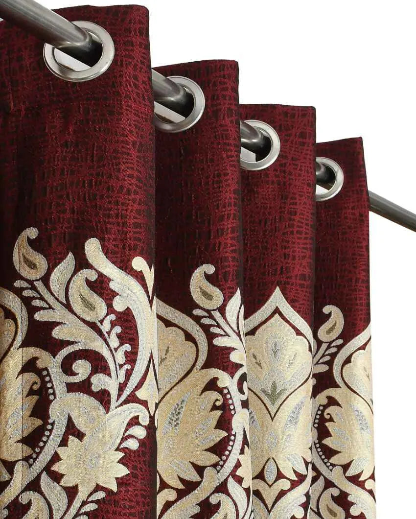 Maroon Polyester Jute Royal Curtains For Living Room Decoration | Set Of 2