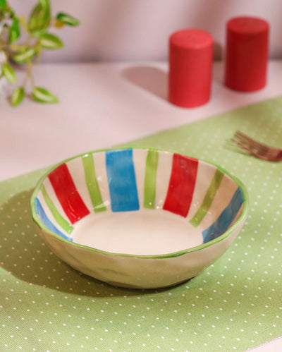 Vibrant Hand-Painted Multicolor Striped Ceramic Bowl | 8 x 7 x 3 inches