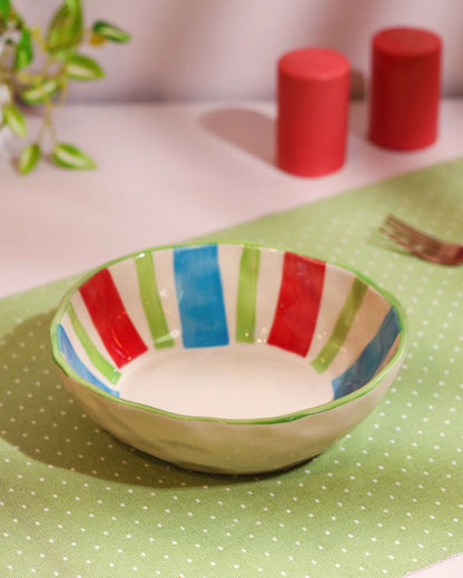 Vibrant Hand-Painted Multicolor Striped Ceramic Bowl | 8 x 7 x 3 inches