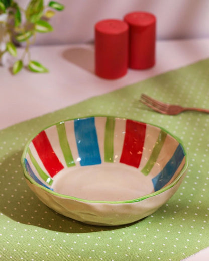 Vibrant Hand-Painted Multicolor Striped Ceramic Bowl | 8 x 7 x 3 inches
