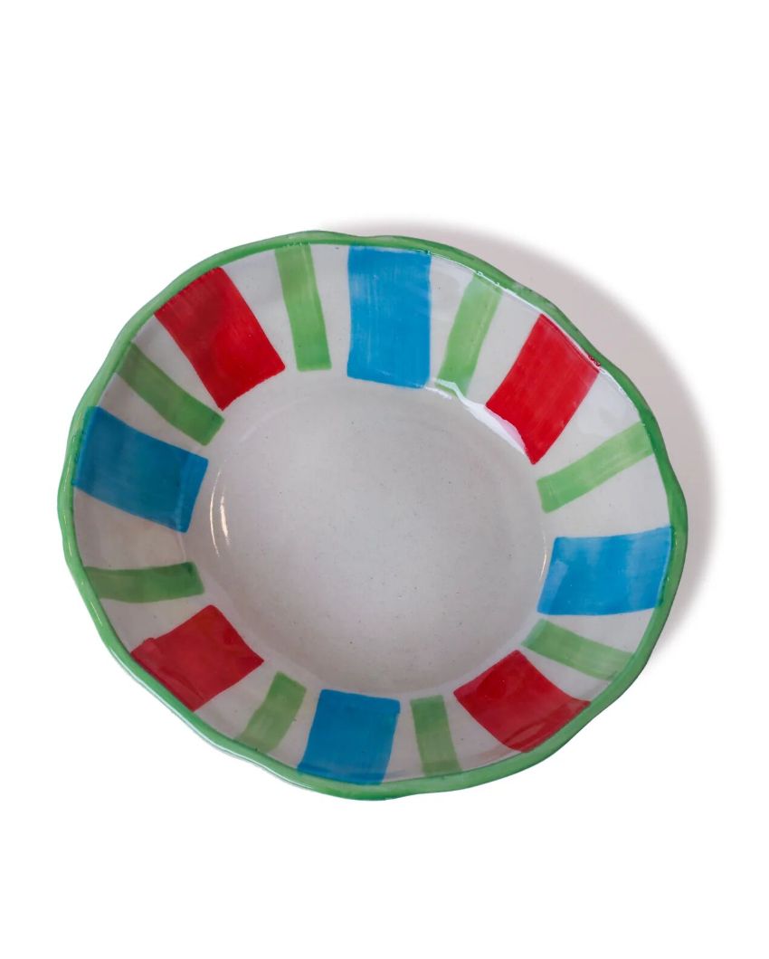 Vibrant Hand-Painted Multicolor Striped Ceramic Bowl | 8 x 7 x 3 inches