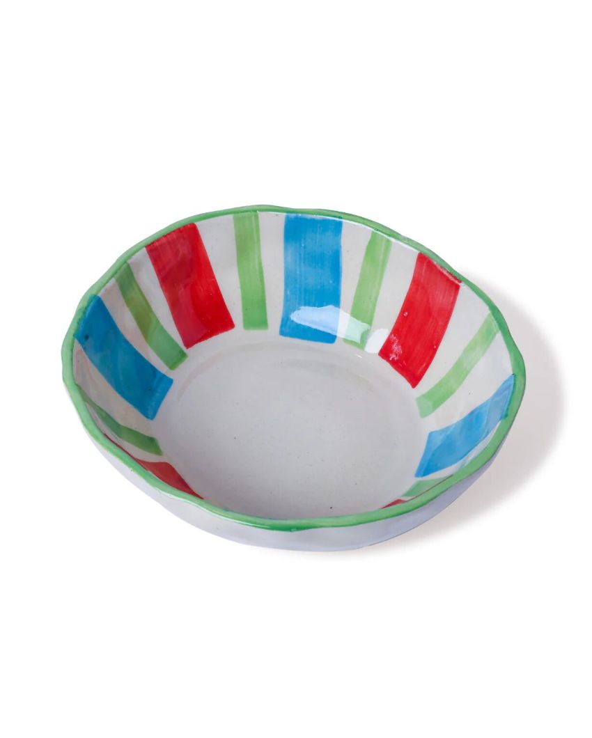 Vibrant Hand-Painted Multicolor Striped Ceramic Bowl | 8 x 7 x 3 inches