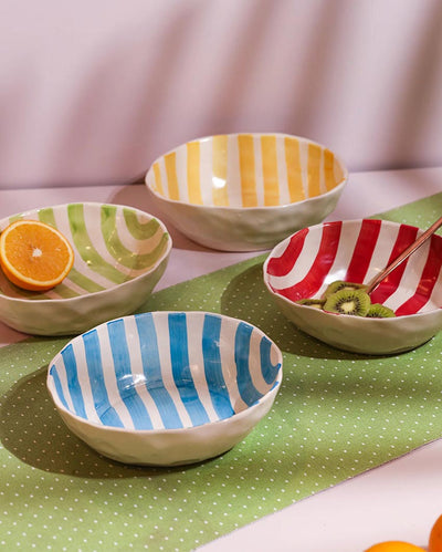 Cheerful Hand-Painted Striped Oval Ceramic Bowl | Set of 4 | 8 x 7 x 3 inches