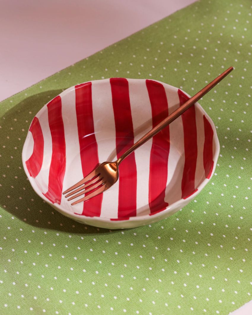 Cheerful Hand-Painted Striped Oval Ceramic Bowl | Set of 4 | 8 x 7 x 3 inches