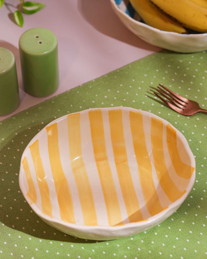 Cheerful Hand-Painted Striped Oval Ceramic Bowl | Set of 4 | 8 x 7 x 3 inches