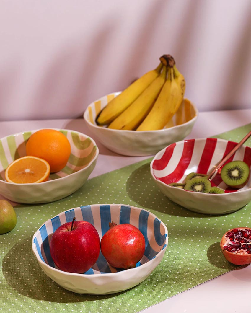 Cheerful Hand-Painted Striped Oval Ceramic Bowl | Set of 4 | 8 x 7 x 3 inches
