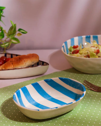 Vibrant Hand-Painted Ceramic Striped Design Oval Bowl | 7 x 5 x 2 inches
