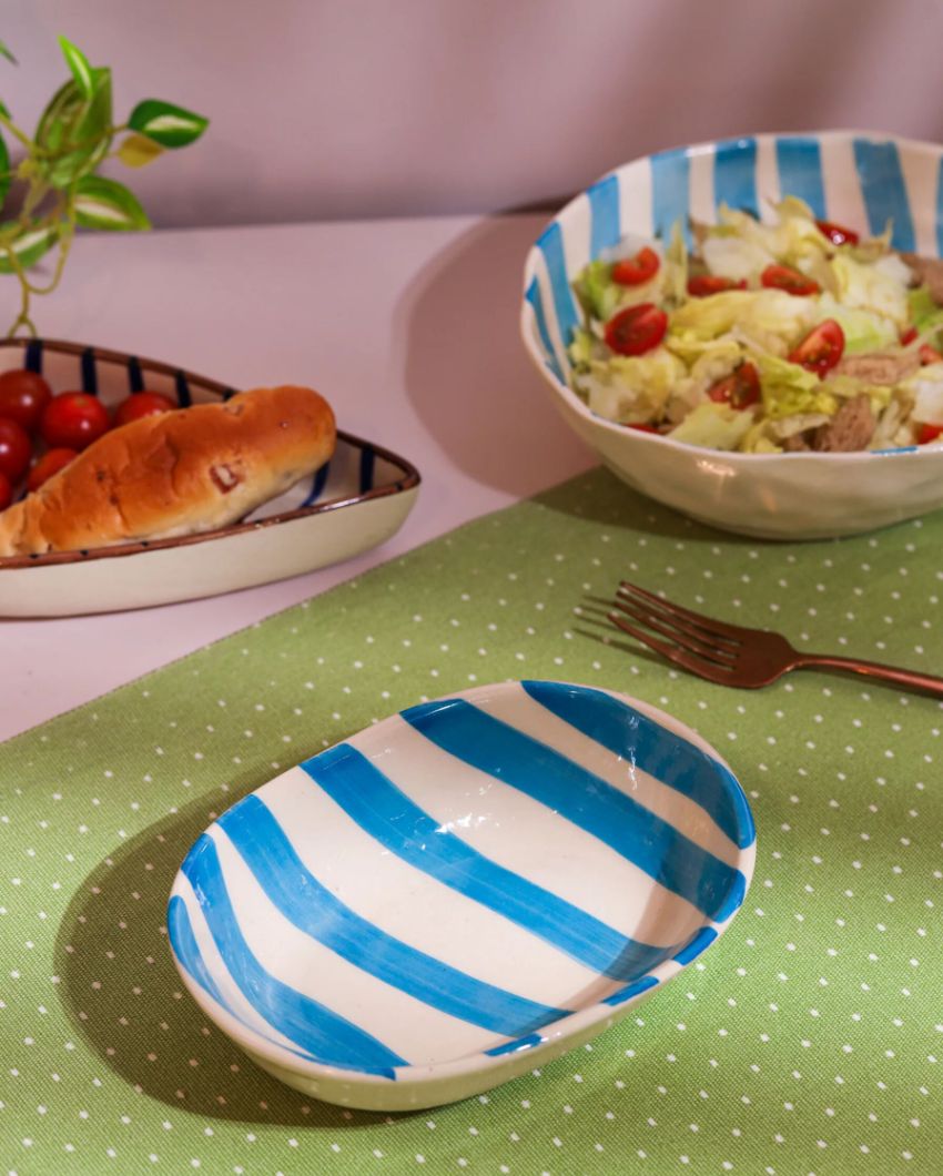 Vibrant Hand-Painted Ceramic Striped Design Oval Bowl | 7 x 5 x 2 inches