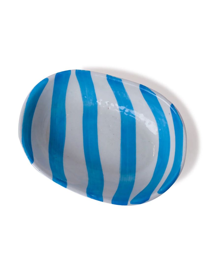 Vibrant Hand-Painted Ceramic Striped Design Oval Bowl | 7 x 5 x 2 inches