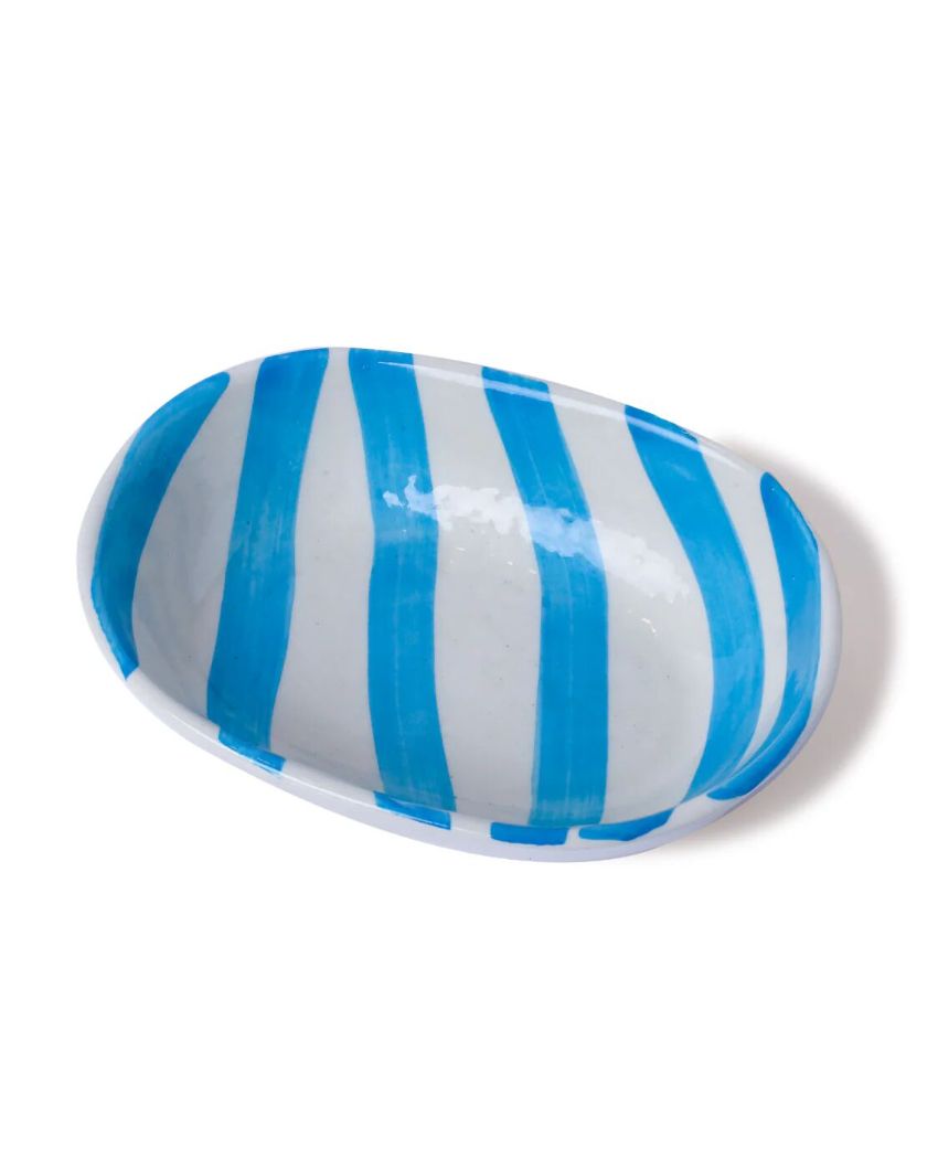 Vibrant Hand-Painted Ceramic Striped Design Oval Bowl | 7 x 5 x 2 inches