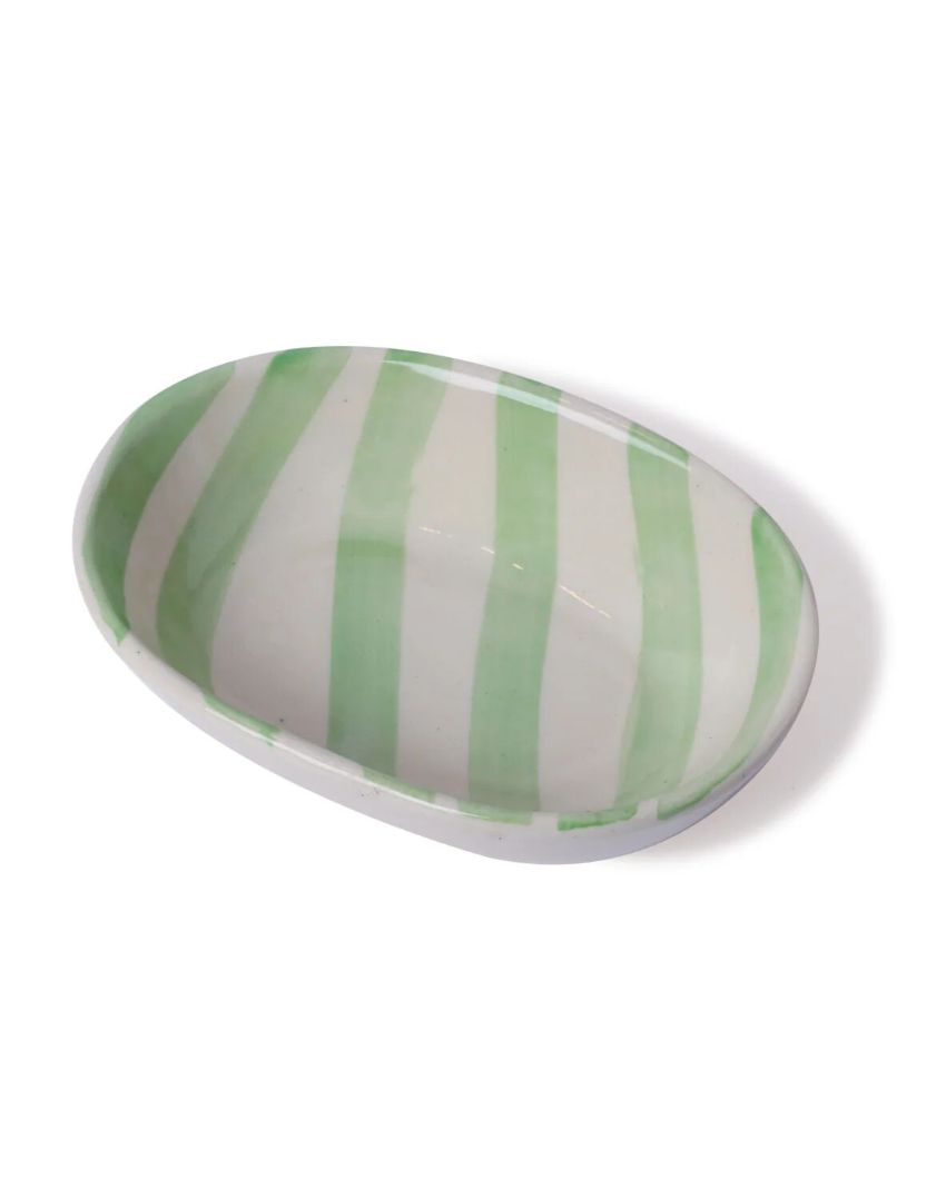 Vibrant Hand-Painted Ceramic Striped Design Oval Bowl | 7 x 5 x 2 inches