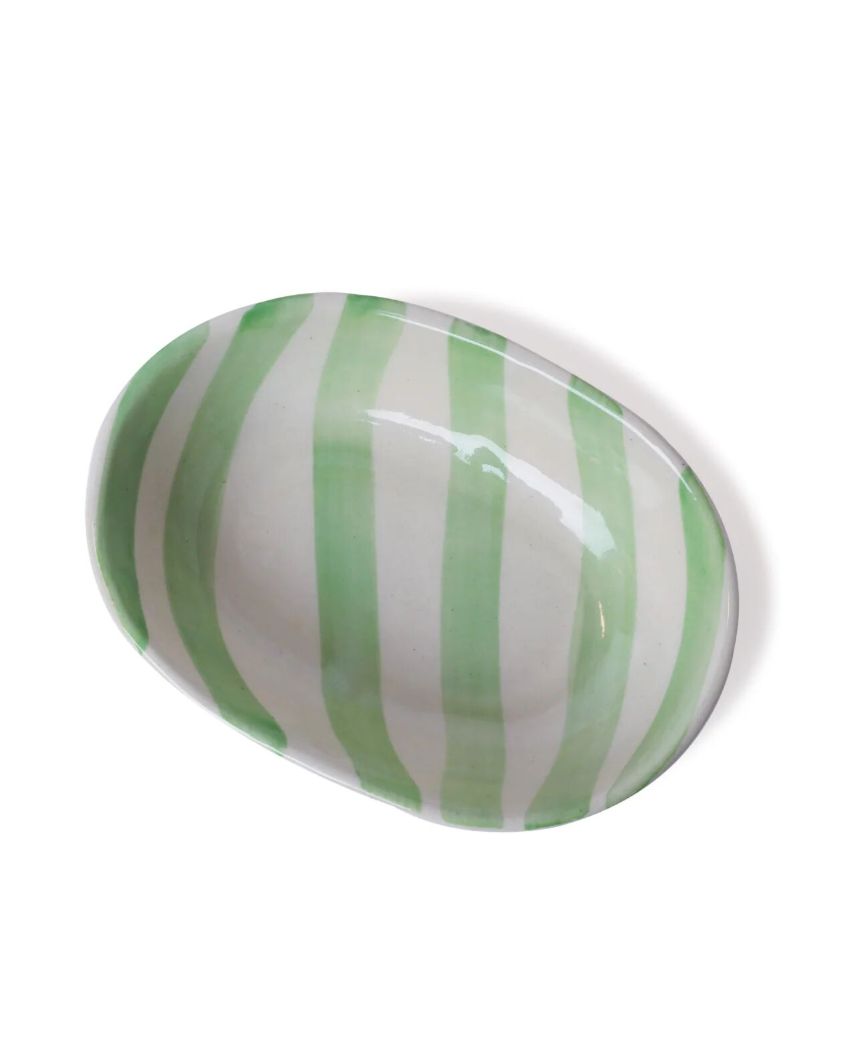 Vibrant Hand-Painted Ceramic Striped Design Oval Bowl | 7 x 5 x 2 inches