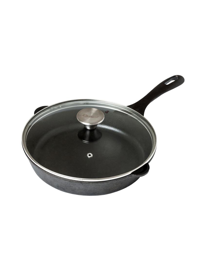 Cast Iron Skillet Pan with Custom Glass Lid | Safe For All Cooktops