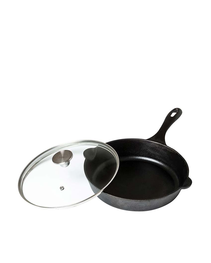 Cast Iron Skillet Pan with Custom Glass Lid | Safe For All Cooktops