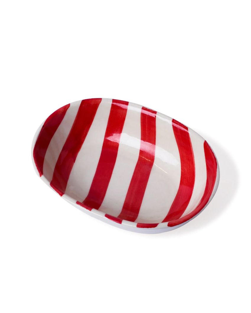 Vibrant Hand-Painted Ceramic Striped Design Oval Bowl | 7 x 5 x 2 inches
