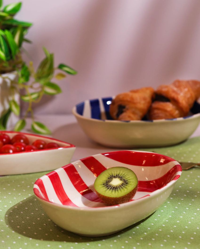 Vibrant Hand-Painted Ceramic Striped Design Oval Bowl | 7 x 5 x 2 inches