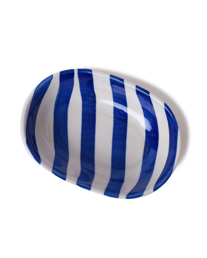 Vibrant Hand-Painted Ceramic Striped Design Oval Bowl | 7 x 5 x 2 inches
