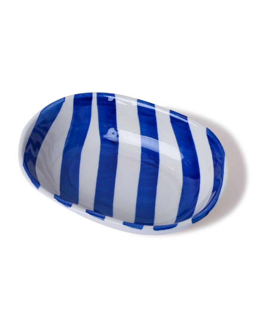 Vibrant Hand-Painted Ceramic Striped Design Oval Bowl | 7 x 5 x 2 inches