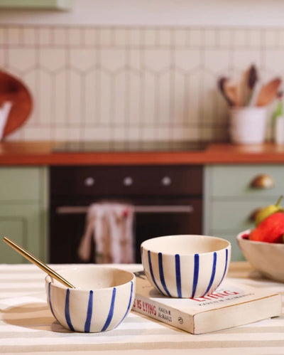 Charming Coastal Hand-Painted Blue Striped Ceramic Bowl | Set of 2 | 2 x 4 inches