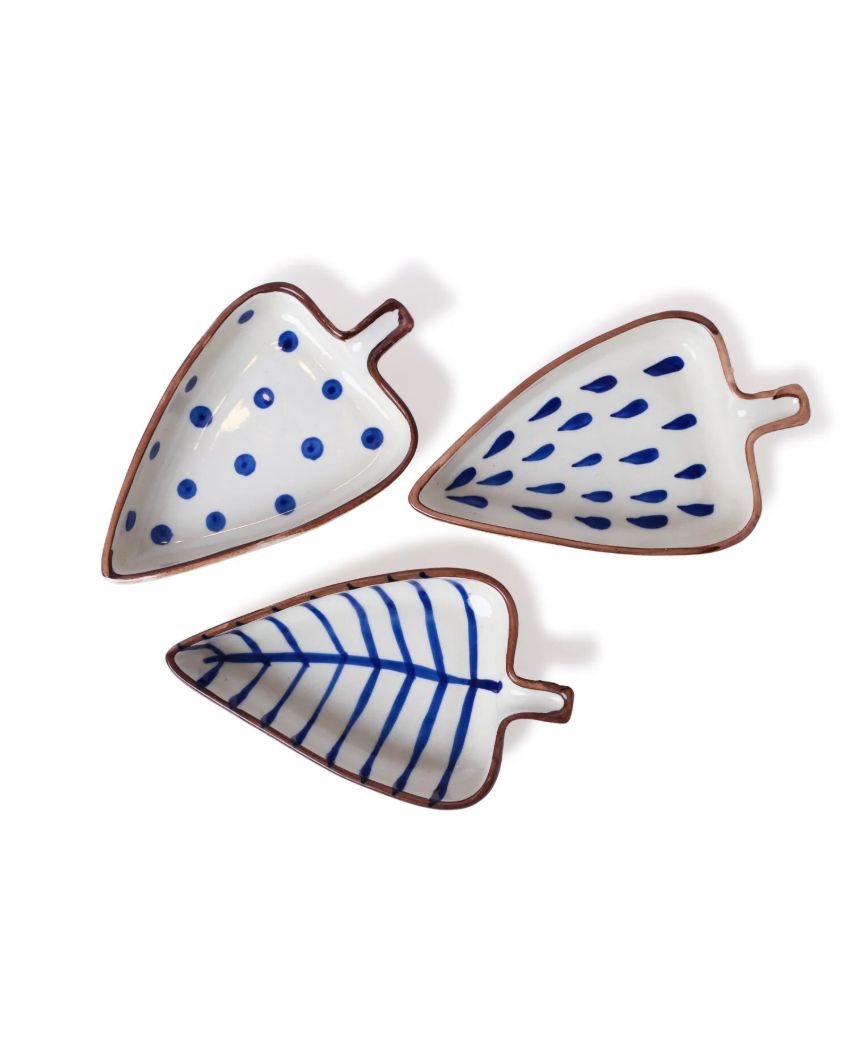 Nature-Inspired Hand-Painted Ceramic Leaf Platter | Set of 3 | 8 x 6 x 2 inches