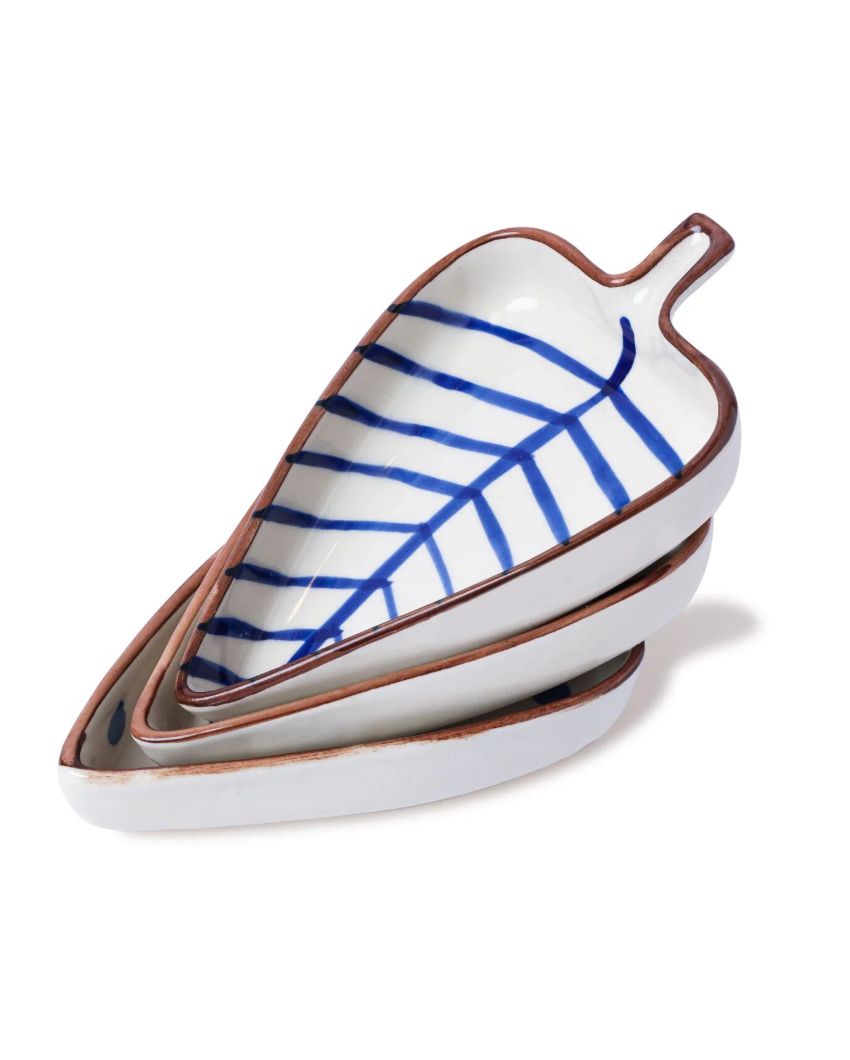 Nature-Inspired Hand-Painted Ceramic Leaf Platter | Set of 3 | 8 x 6 x 2 inches