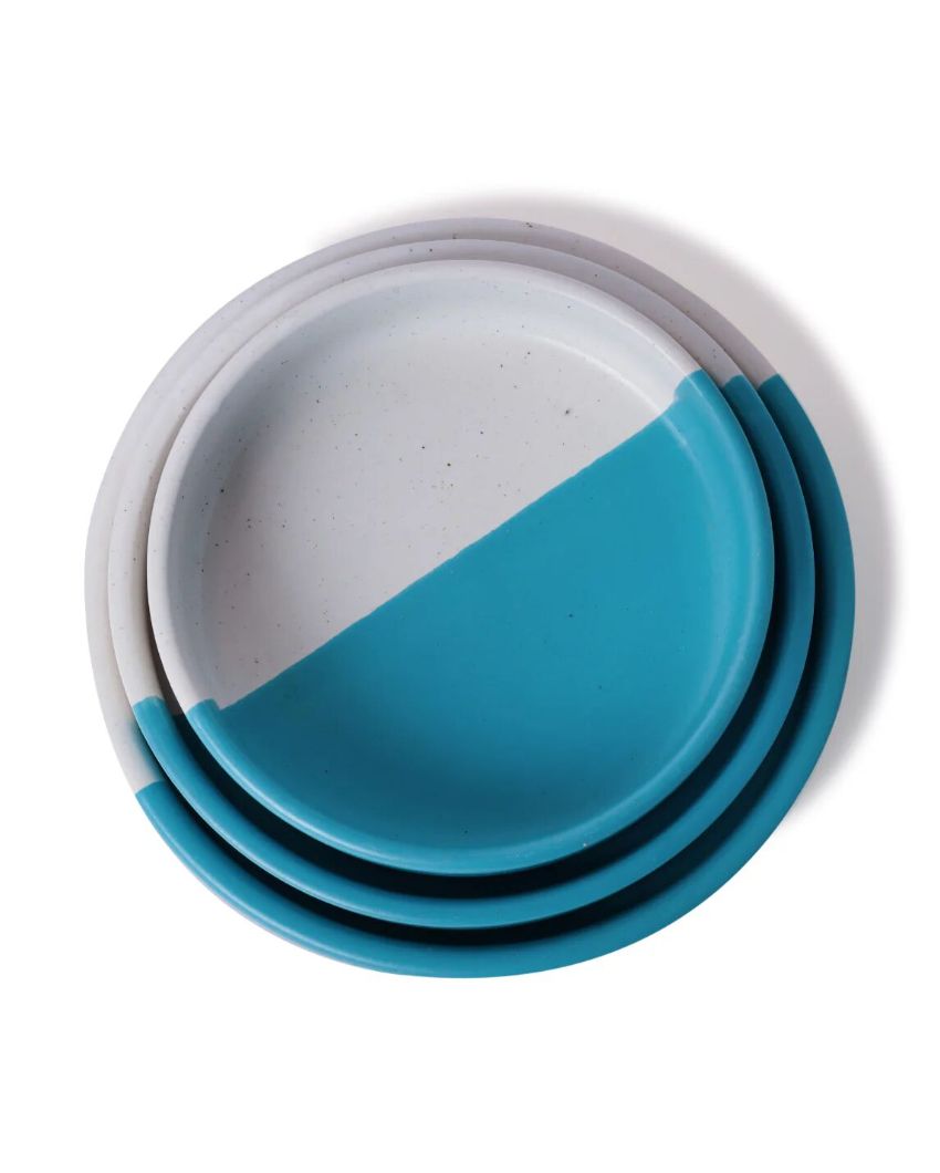 Contemporary Trendy Aqua Dip Ceramic Platter | Set of 3