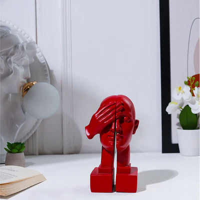 See No Evil Bold Crimson Red Sculptural Face Bookend | 4 x 4 x 8 inches