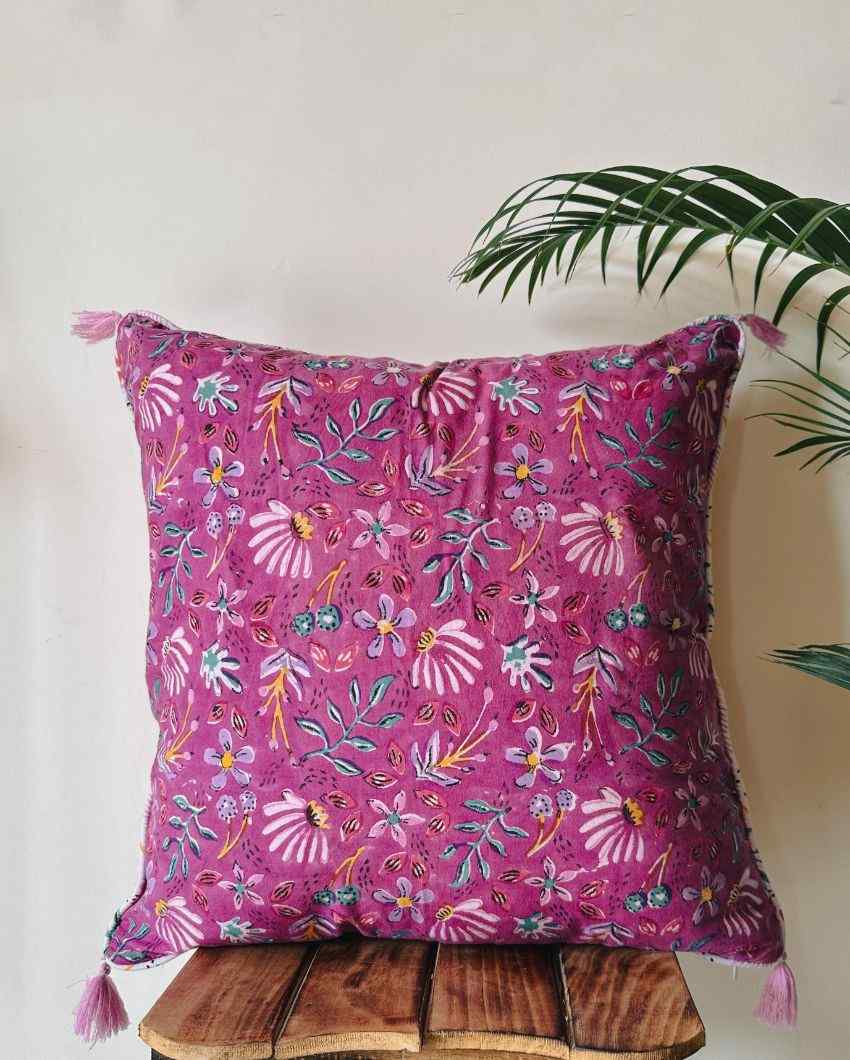 Accent Tassel Story Purple Floral Cushion Cover | 20 X 20 Inches