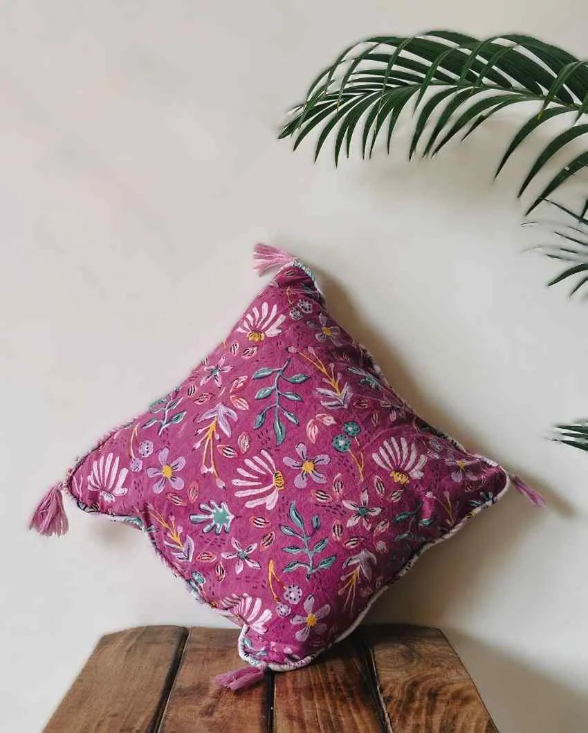 Accent Tassel Story Purple Floral Cushion Cover | 20 X 20 Inches