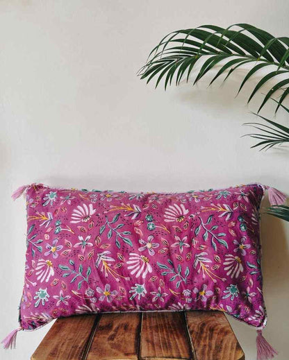 Purple Flower Trail Handblockprinted Lumbar Cushion Cover | 12 X 20 Inches