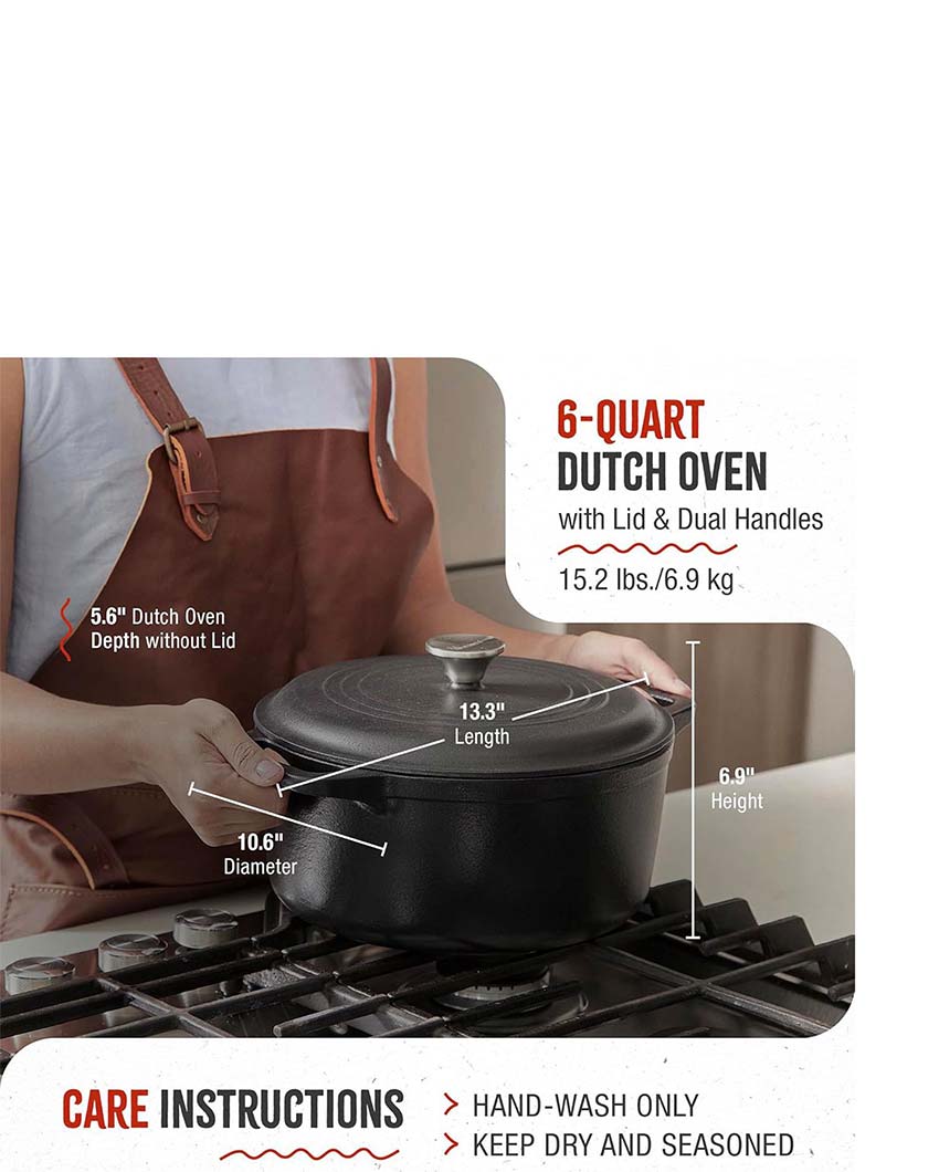 6-Quart Cast Iron Dutch Seasoned Oven Pan | Safe For All Cooktops | 11 x 13 x 7 inches