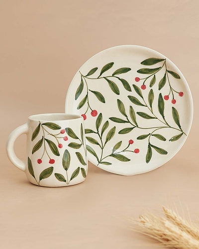 Olive Leaf Ceramic Plate and Mug Set | 2 Pieces