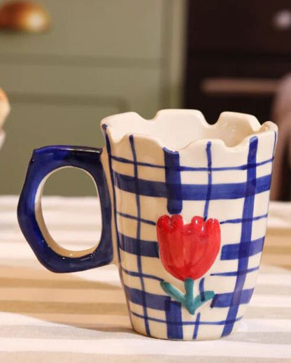 Delicate Hand-Painted Blue Gingham Tulip Mug | 3 x 4 inches