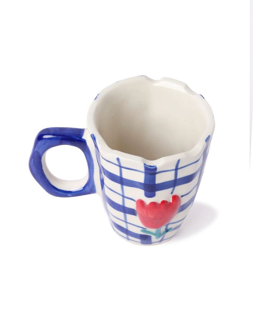 Delicate Hand-Painted Blue Gingham Tulip Mug | 3 x 4 inches
