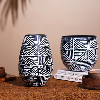 Bold Tribal Pattern Hammered Metal Statement Vase Without Plant | Set of 2