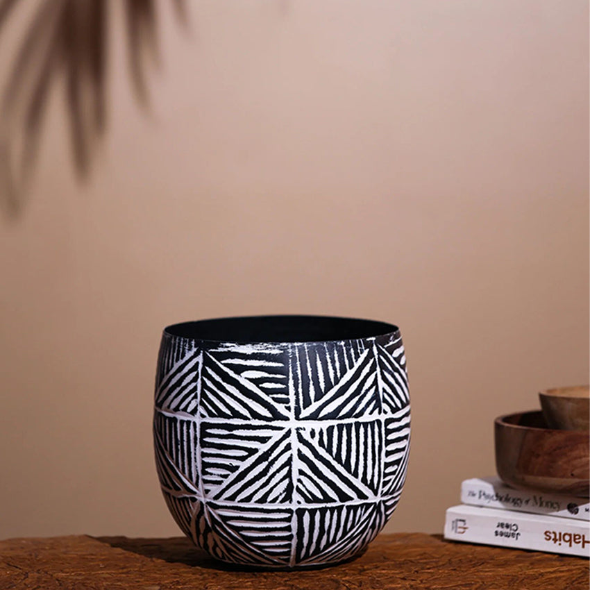 Bold Tribal Pattern Hammered Metal Statement Vase Without Plant | Set of 2
