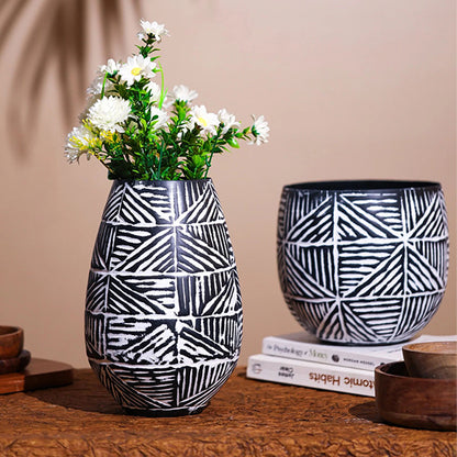 Bold Tribal Pattern Hammered Metal Statement Vase Without Plant | Set of 2