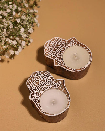 Artisan Hand-Carved Wooden Hamsa Tealight Candle Holder | Set of 2 | 4 x 4 x 2 inches