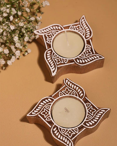 Intricate Hand-Carved Floral Block Print Tealight Decor | Set of 2 | 4 x 4 x 2 inches