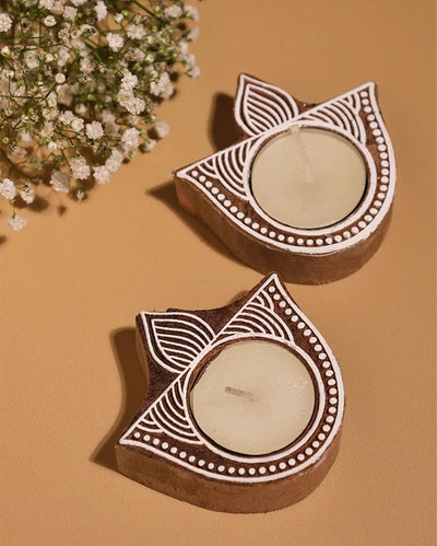 Sacred Lotus Block Print Wooden Tealight Showpiece | Set of 2 | 4 x 4 x 2 inches