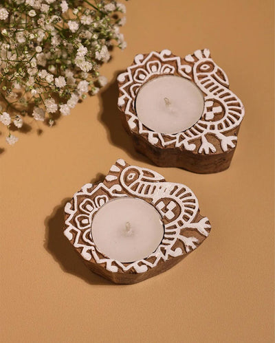 Majestic Peacock Block Print Wooden Tealight Holder | Set of 2 | 4 x 4 x 2 inches
