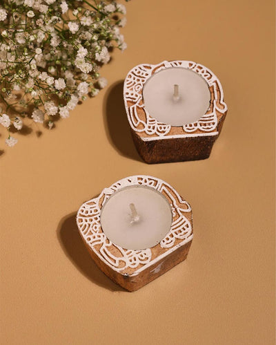 Lucky Elephant Block Print Wooden Tealight Centerpiece | Set of 2 | 4 x 4 x 2 inches