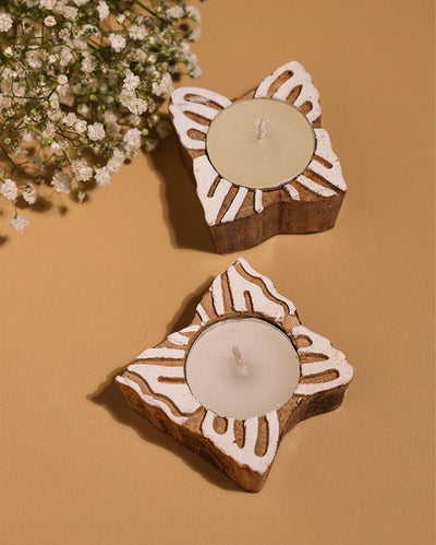 Delicate Butterfly Block Print Wooden Tealight Decor | Set of 2 | 4 x 4 x 2 inches