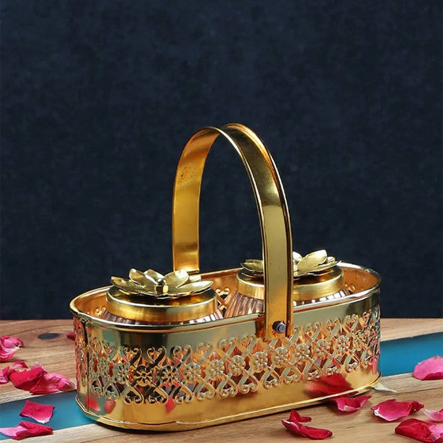 Metal Basket With Two Jar Set | Gold