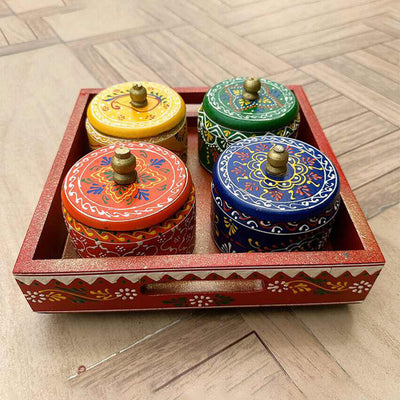 Revolving Table Wooden Dry Fruits 4 Jars With Tray | 12 x 12 x 5 inches