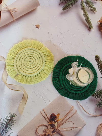 Macrame Handcrafted Lemon & Green Round Coasters | Set Of 2