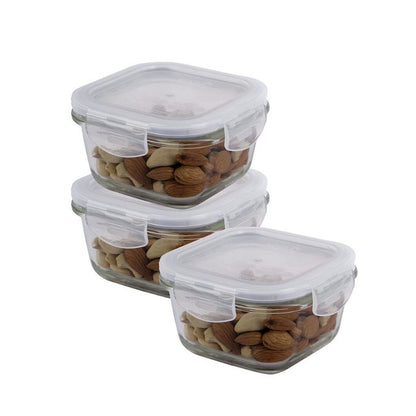 Euro Glass Square Food Storage Containers With Lid | 300ml | Set Of 3