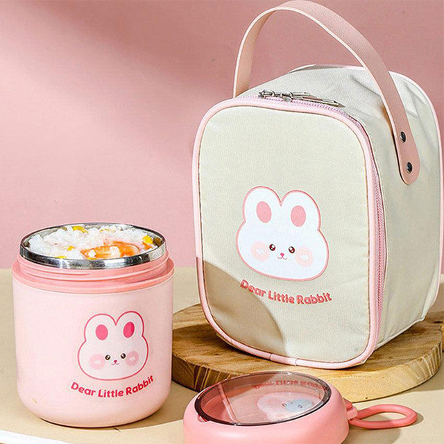 Rabbit Theme Stainless Steel Spoon & Soup Salad Tiffin Box with Insulated Bag