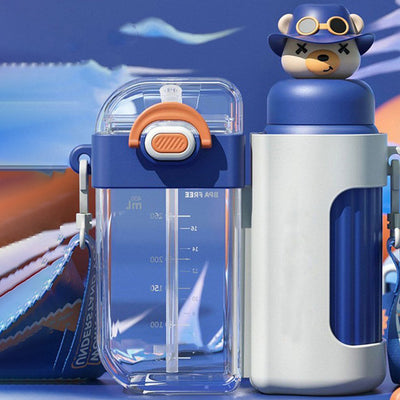 Bear Double Tumbler & Detachable Plastic Water Bottle Set | 400 ml, 320 ml