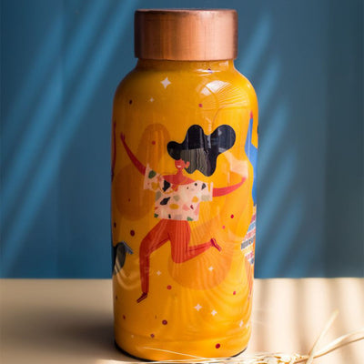 Udaan Yellow Printed Copper Bottle | 500ml | 3 x 7 inches